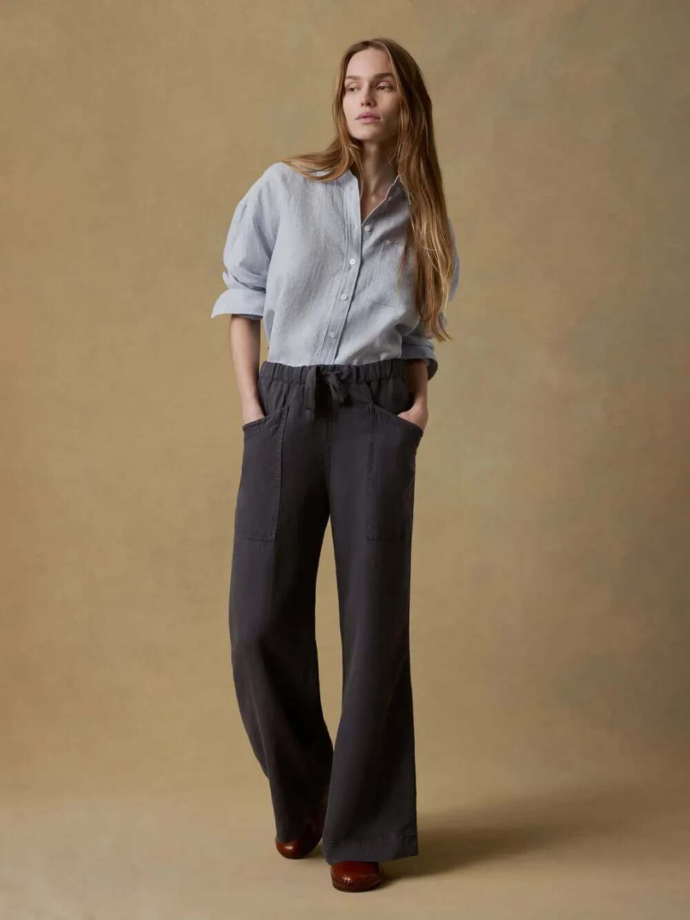 Faherty Topanga Drape Pants Washed Black Wide Leg Tencel Linen Size S